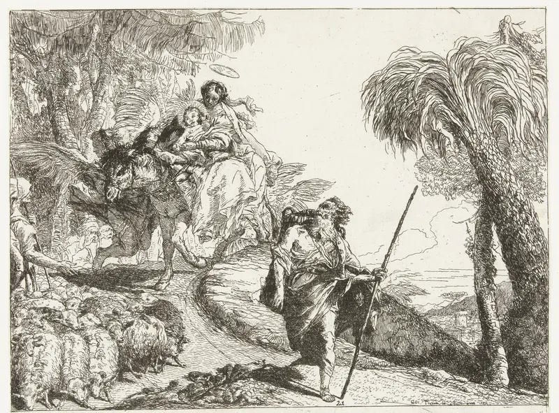 Heilige familie en engelen passeren herderin met kudde schapen Wall Art by Unknown - High-Resolution Digital Print