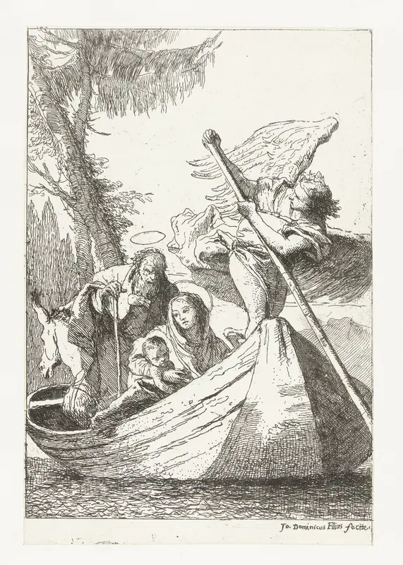 Heilige familie in boot met engel als bootsman tijdens vlucht naar Egypte Wall Art by Unknown - High-Resolution Digital Print