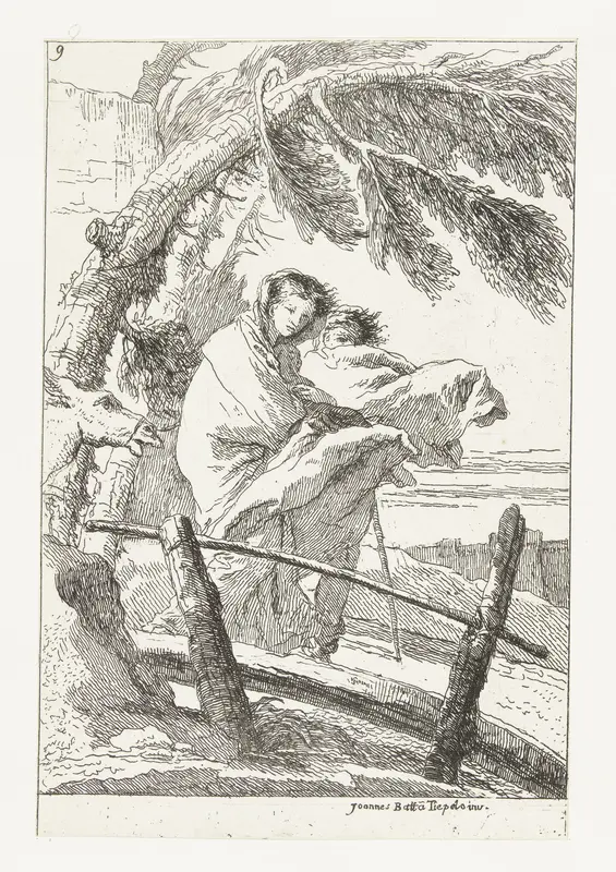 Heilige familie loopt over kleine brug tijdens vlucht naar Egypte Wall Art by Giovanni Domenico Tiepolo - High-Resolution Digital Print