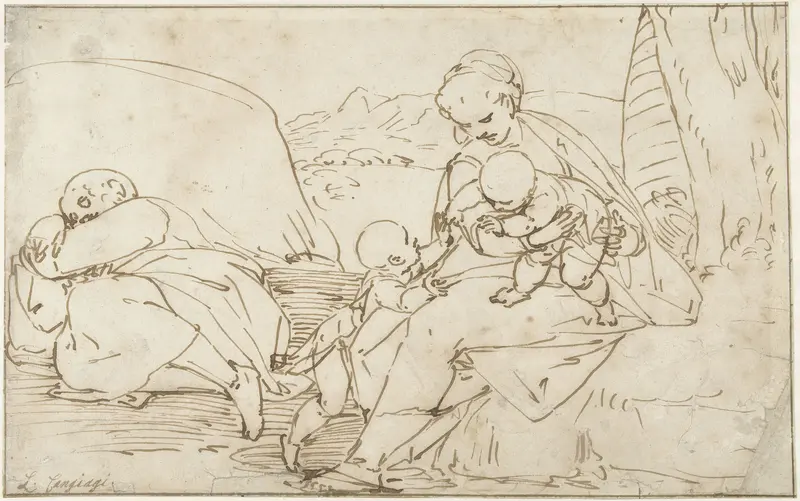 Heilige Familie met Johannes de Doper als kind in een landschap Wall Art by Luca Cambiaso - High-Resolution Digital Print