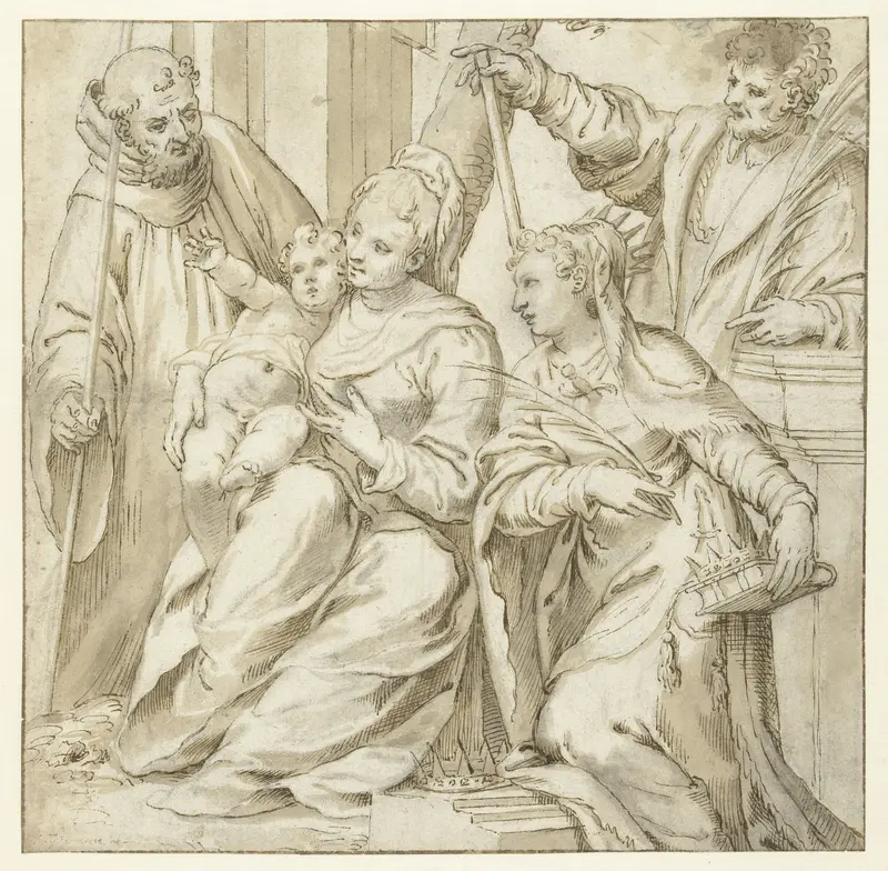 Heilige Familie met twee palmtak dragende martelaren Wall Art by Unknown - High-Resolution Digital Print