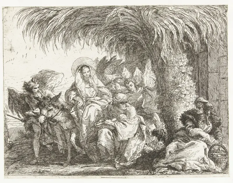 Heilige familie onder een palmboom Wall Art by Giovanni Domenico Tiepolo - High-Resolution Digital Print