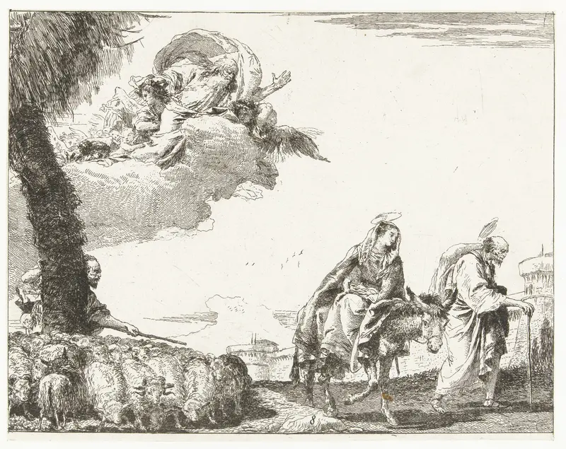 Heilige familie passeert een herder met kudde schapen op weg naar Egypte Wall Art by Unknown - High-Resolution Digital Print