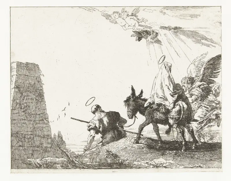 Heilige familie passeert een monument tijdens vlucht naar Egypte Wall Art by Giovanni Domenico Tiepolo - High-Resolution Digital Print