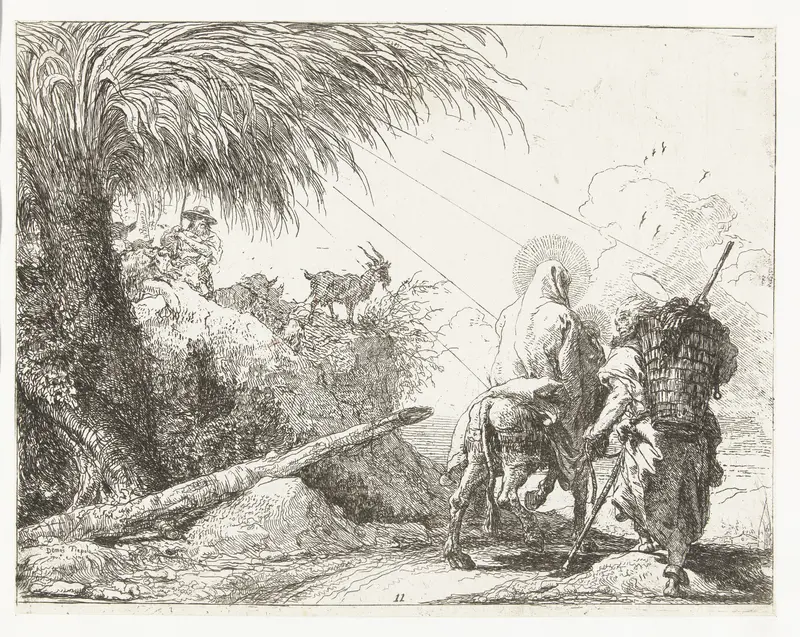 Heilige familie passeren herder met kudde schapen en palmboom tijdens vlucht naar Egypte Wall Art by Unknown - High-Resolution Digital Print