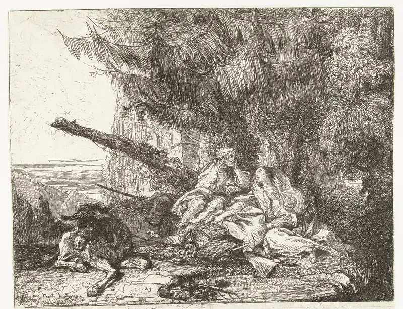 Heilige familie rust onder bomen tijdens vlucht naar Egypte Wall Art by Unknown - High-Resolution Digital Print