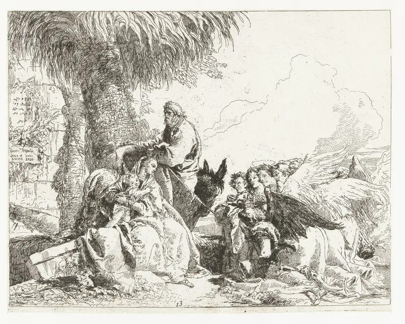 Heilige familie rust op vlucht naar Egypte en engelen knielen in aanbidding met geschenken Wall Art by Unknown - High-Resolution Digital Print
