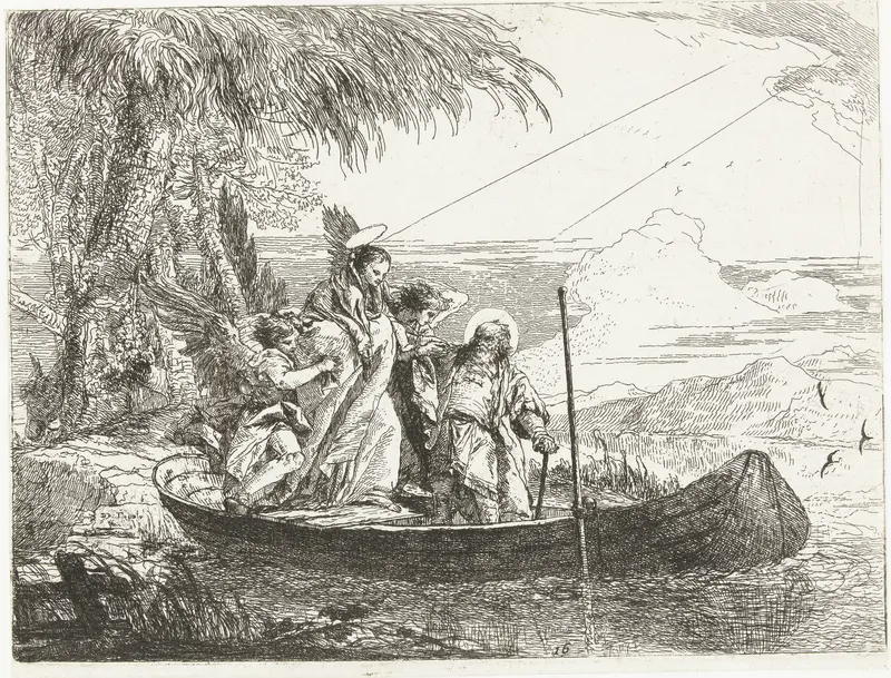 Heilige familie stapt begeleid door engelen in boot Wall Art by Unknown - High-Resolution Digital Print