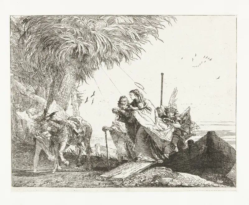 Heilige familie stapt uit boot begeleid door engelen Wall Art by Giovanni Domenico Tiepolo - High-Resolution Digital Print
