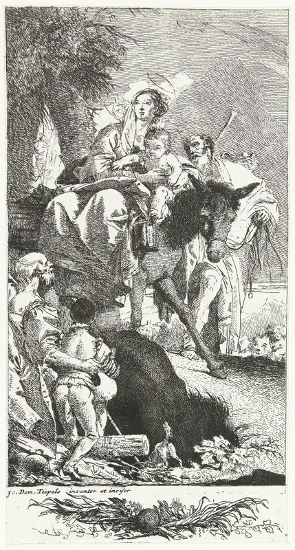 Heilige familie tijdens vlucht naar Egypte met Kind dat kijkt naar man en jongen langs weg Wall Art by Unknown - High-Resolution Digital Print