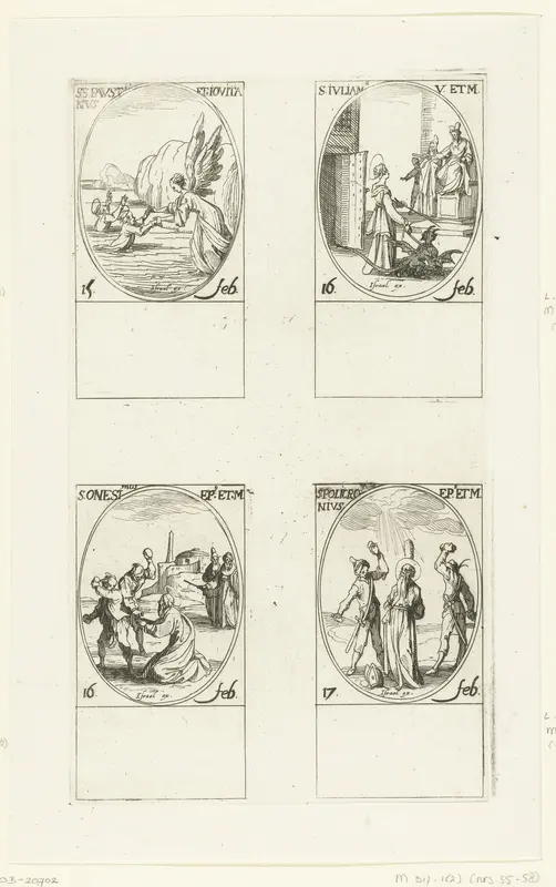 Heilige Faustinus en Heilige Jovita van Brescia, Heilige Juliana, Heilige Onesimus, Heilige Polychronius (15-17 februari) Wall Art by Jacques Callot - High-Resolution Digital Print