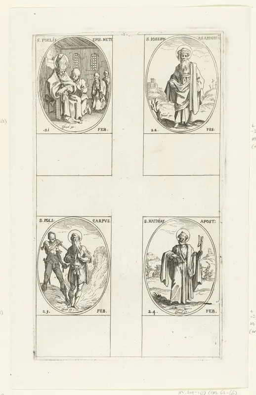 Heilige Felix van Metz, Heilige Jozef van Arimathea, Heilige Polycarpus, Heilige Matthias (21-24 februari) Wall Art by Jacques Callot - High-Resolution Digital Print