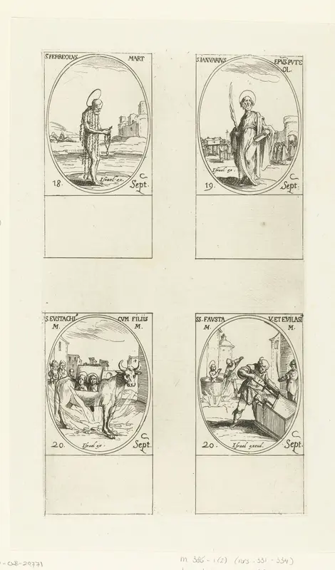 Heilige Ferreolus van Vienne, Heilige Januarius van Benevento, Heilige Eustachius van Rome en kinderen, Heilige Fausta en Heilige Evilasius van Cyzicus (18-20 september) Wall Art by Jacques Callot - High-Resolution Digital Print