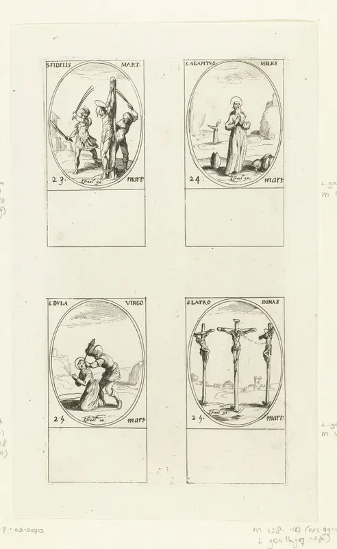 Heilige Fidelis, Heilige Agapitus, Heilige Dula (Theodula), Heilige Dismas (23-25 maart) Wall Art by Jacques Callot - High-Resolution Digital Print