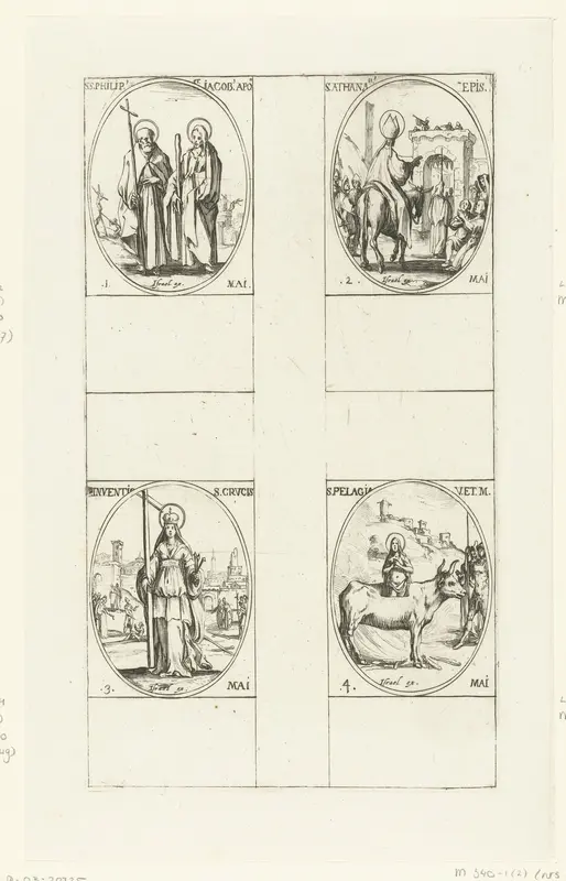 Heilige Filippus en Heilige Jakobus de Mindere, Heilige Athanasius de Grote, Kruisvinding, Heilige Pelagia van Tarsus (1-4 mei) Wall Art by Jacques Callot - High-Resolution Digital Print