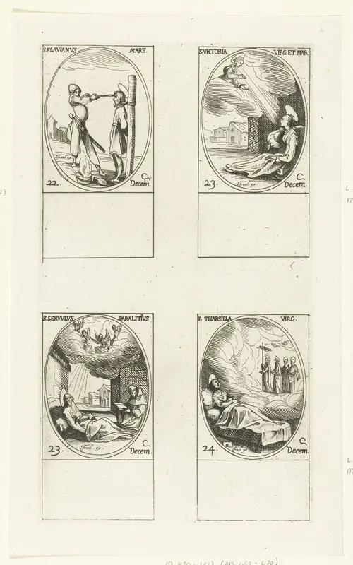 Heilige Flavianus van Acquapendente, Heilige Victoria van Rome, Heilige Servulus van Rome, Heilige Tarsilla van Rome (22-24 december) Wall Art by Jacques Callot - High-Resolution Digital Print