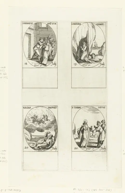 Heilige Fredericus I van Utrecht, Heilige Arsenius de Grote, Heilige Elia, Heilige Jozef Barsabas (18-20 juli) Wall Art by Jacques Callot - High-Resolution Digital Print