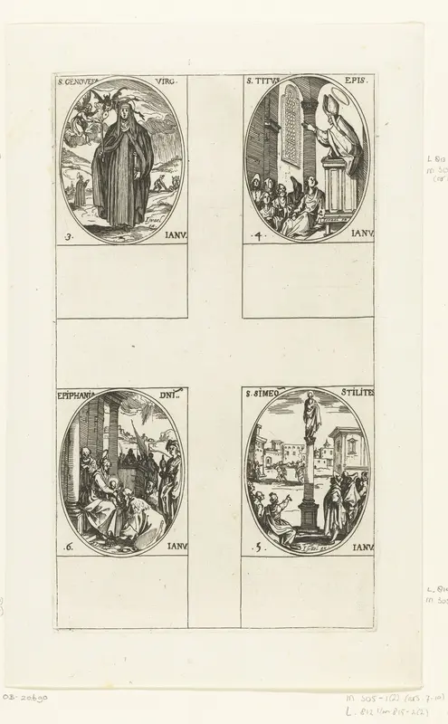 Heilige Genovefa, Heilige Titus, Heilige Simon de Styliet, Aanbidding door de wijzen (Driekoningen) (3-6 januari) Wall Art by Jacques Callot - High-Resolution Digital Print