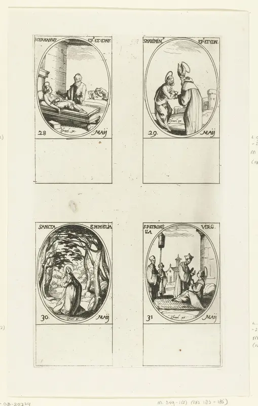 Heilige Germanus van Parijs, Heilige Maximinus van Trier, Heilige Eumelia van Neocaesarea, Heilige Petronella van Rome (28-31 mei) Wall Art by Jacques Callot - High-Resolution Digital Print