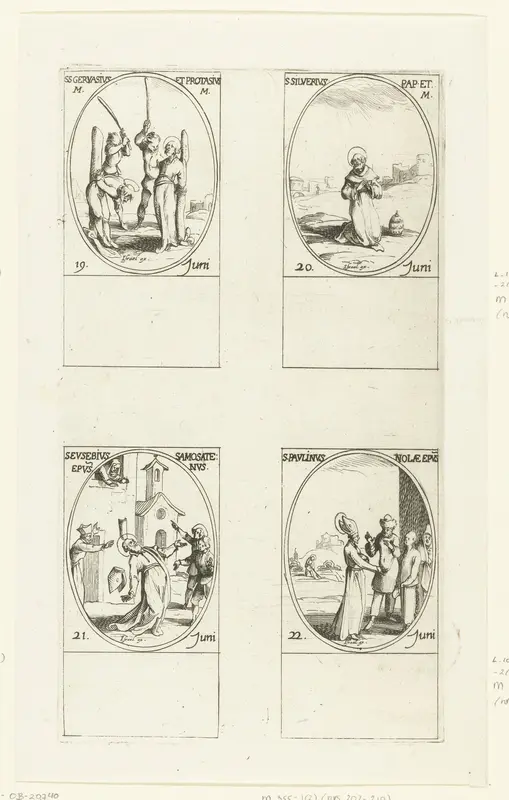Heilige Gervasius en Heilige Protasius van Milaan, Heilige Silverius, Heilige Eusebius van Samosata, Heilige Paulinus van Nola (19-22 juni) Wall Art by Jacques Callot - High-Resolution Digital Print