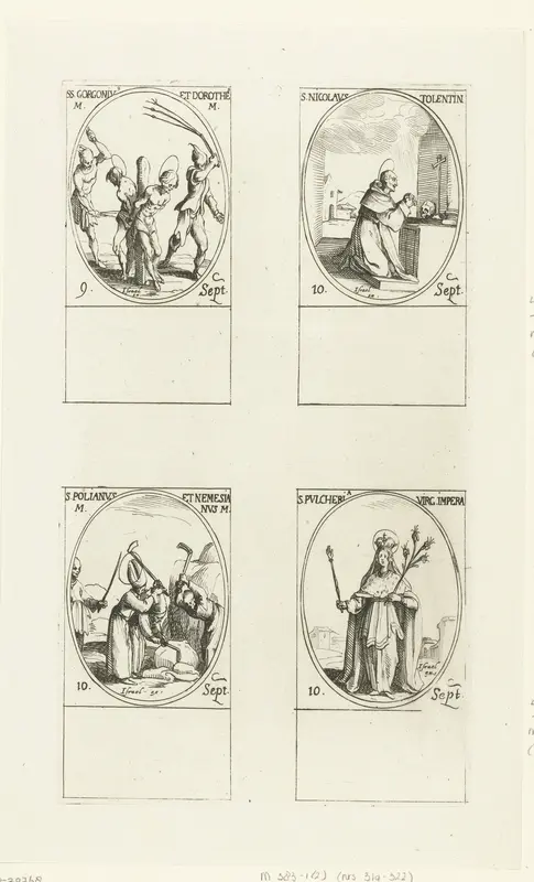 Heilige Gorgonius en Heilige Dorotheus van Nicomedië, Heilige Nicolaas van Tolentino, Heilige Polianus en Heilige Nemesianus, Heilige Pulcheria van Constantinopel (9-10 september) Wall Art by Jacques Callot - High-Resolution Digital Print