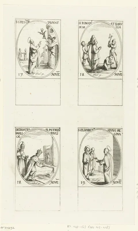 Heilige Gregorius Thaumaturgus, Heilige Romanus en Heilige Barulas van Antiochië, Bouw van de Sint-Pieter en de Sint-Paulus-buiten-de-Muren (Petrus' Kerkwijding en Paulus' Kerkwijding), Heilige Elisabeth van Hongarije (17-19 november) Wall Art by Jacques Callot - High-Resolution Digital Print