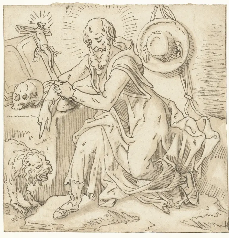 Heilige Hieronymus gezeten bij een crucifix, boek en schedel Wall Art by Unknown - High-Resolution Digital Print