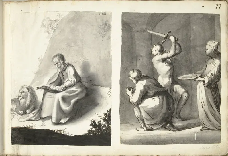 Heilige Hiëronymus in de wildernis en onthoofding van Johannes de Doper Wall Art by Unknown - High-Resolution Digital Print