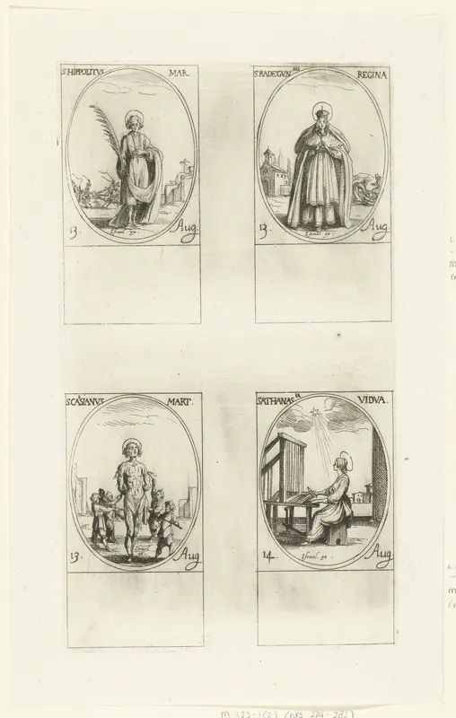 Heilige Hippolytus van Rome, Heilige Radegundis van Poitiers, Heilige Cassianus van Imola, Heilige Athanasia van Aegina (13-14 augustus) Wall Art by Jacques Callot - High-Resolution Digital Print