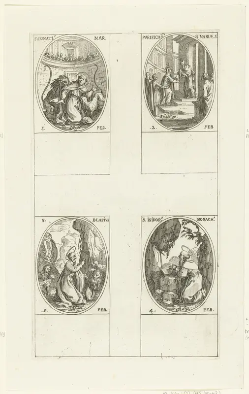 Heilige Ignatius van Antiochië, Presentatie van Christus in de tempel (Maria-Lichtmis), Heilige Blasius, Heilige Isidorus van Pelusium (1-4 februari) Wall Art by Jacques Callot - High-Resolution Digital Print