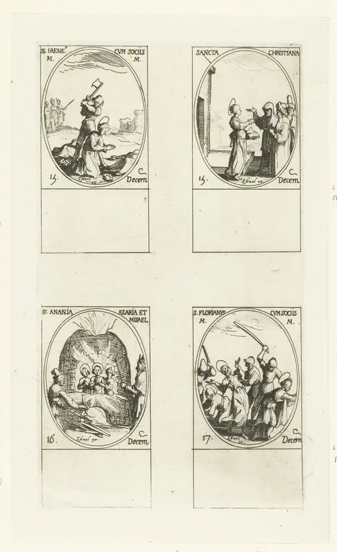 Heilige Ireneus van Rome en gezellen, Heilige Christiana van Georgië, Heilige Ananias, Heilige Azarias en Heilige Misael van Babylon, Heilige Florianus en gezellen (15-17 december) Wall Art by Jacques Callot - High-Resolution Digital Print
