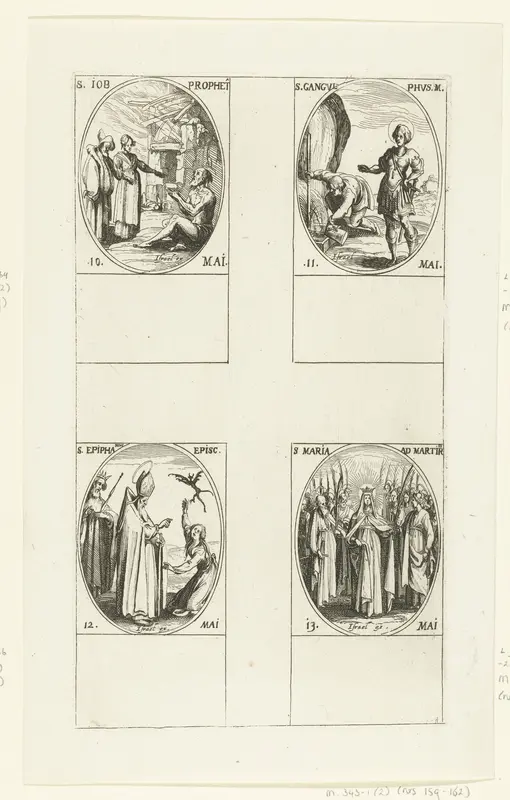 Heilige Job, Heilige Gangulphus van Varennes, Heilige Epiphanius van Salamis, Maria te midden van de martelaren (Maria-ter-Martelaren) (10-13 mei) Wall Art by Jacques Callot - High-Resolution Digital Print