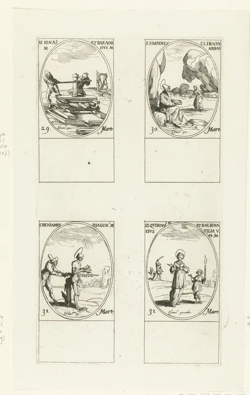 Heilige Jonas en Heilige Barachisius van Perzië, Heilige Johannes Climacus, Heilige Benjamin van Koerdistan, Heilige Quirinus van Neuss en Heilige Balbina van Rome (29-31 maart) Wall Art by Jacques Callot - High-Resolution Digital Print