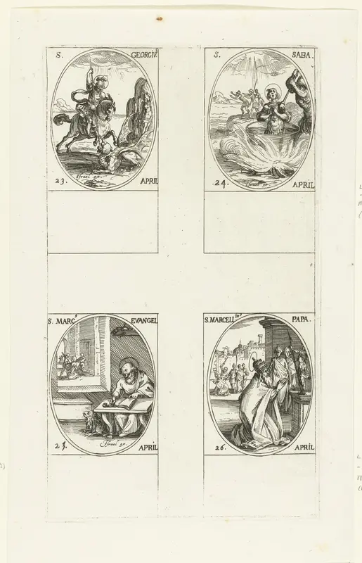 Heilige Joris, Heilige Sabas de Goot, Heilige Marcus de Evangelist, Heilige Marcellinus (23-26 april) Wall Art by Jacques Callot - High-Resolution Digital Print