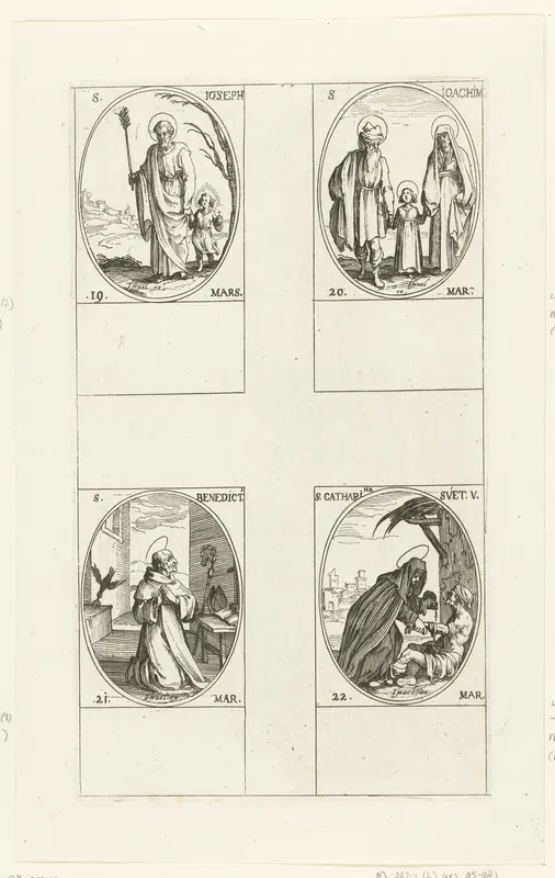 Heilige Jozef, Heilige Joachim, Heilige Benedictus van Nursia, Heilige Catharina van Zweden (19-22 maart) Wall Art by Jacques Callot - High-Resolution Digital Print