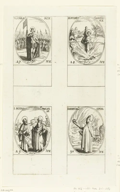 Heilige Ladislaus I van Hongarije, Heilige Potamioena de Oudere en Heilige Marcella, Heilige Petrus en Heilige Paulus, Heilige Martialis van Limoges (27-30 juni) Wall Art by Jacques Callot - High-Resolution Digital Print