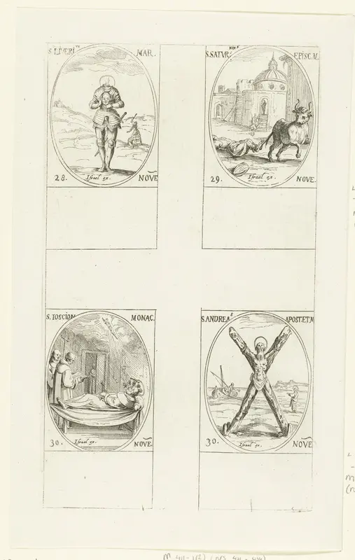 Heilige Livarius van Marsal, Heilige Saturninus van Toulouse, Heilige Joscion, Heilige Andreas (28-30 november) Wall Art by Jacques Callot - High-Resolution Digital Print