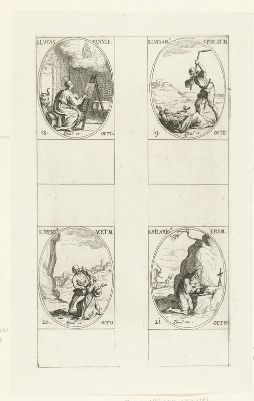 Heilige Lucas de Evangelist, Heilige Lucianus, Heilige Irene van Portugal, Heilige Hilarion de Grote (18-21 oktober) Wall Art by Jacques Callot - High-Resolution Digital Print