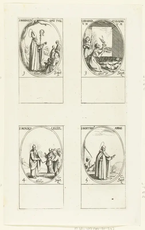 Heilige Mansuetus van Toul, Heilige Seraphia en Heilige Erasma, Heilige Mozes, Heilige Bertinus van Poperinge (3-5 september) Wall Art by Jacques Callot - High-Resolution Digital Print