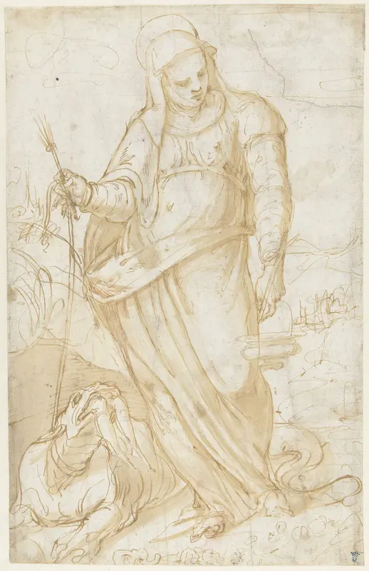 Heilige Margaretha met de draak in een landschap Wall Art by Giovanni Cambiaso - High-Resolution Digital Print