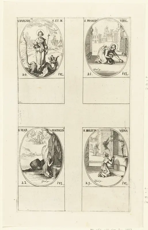 Heilige Margaretha van Antiochië, Heilige Praxedes van Rome, Heilige Maria Magdalena, Heilige Birgitta van Zweden (20-23 juli) Wall Art by Jacques Callot - High-Resolution Digital Print