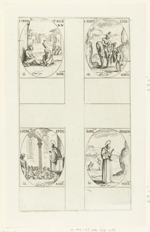 Heilige Martinus van Tours, Heilige Tryphon van Cattaro en gezellen, Heilige Renatus van Angers, Heilige Didacus van Alcalá (10-12 november) Wall Art by Jacques Callot - High-Resolution Digital Print