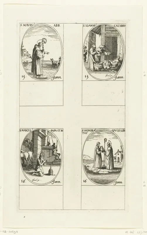 Heilige Maurus, Heilige Johannes Calabytes, Heilige Marcellus I, Heilige Honoratus (15-16 januari) Wall Art by Jacques Callot - High-Resolution Digital Print