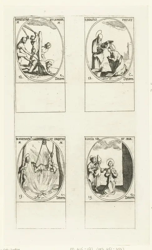 Heilige Maxentius en Heilige Leander van Trier, Heilige Sergius Paulus (Paulus van Narbonne), Heilige Eustratius en Heilige Orestes van Sebaste, Heilige Lucia van Syracuse (12-13 december) Wall Art by Jacques Callot - High-Resolution Digital Print