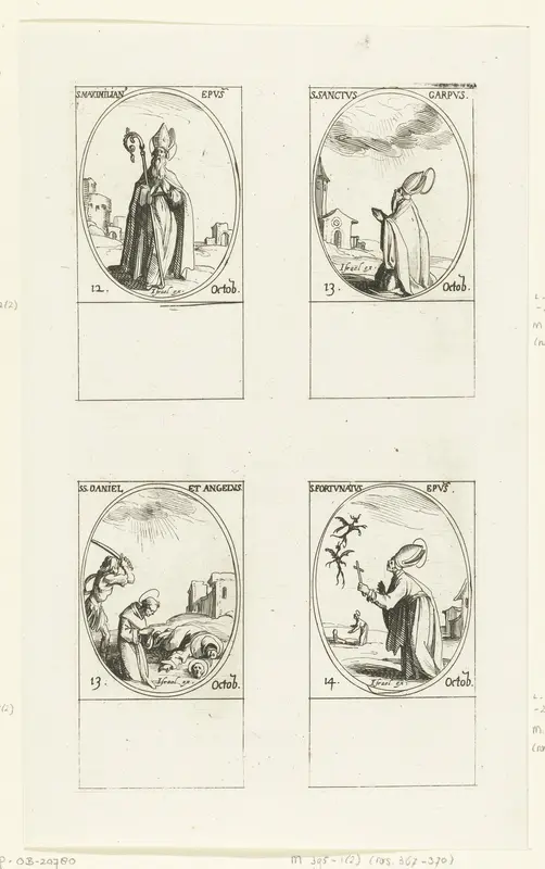 Heilige Maximilianus van Pongau, Heilige Garpus, Heilige Daniël en Heilige Angelus, Heilige Fortunatus van Todi (12-14 oktober) Wall Art by Jacques Callot - High-Resolution Digital Print