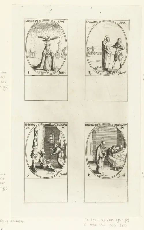 Heilige Medardus van Noyon, Heilige Calliope, Heilige Primus en Heilige Felicianus van Rome, Heilige Margaretha van Schotland (8-10 juni) Wall Art by Jacques Callot - High-Resolution Digital Print