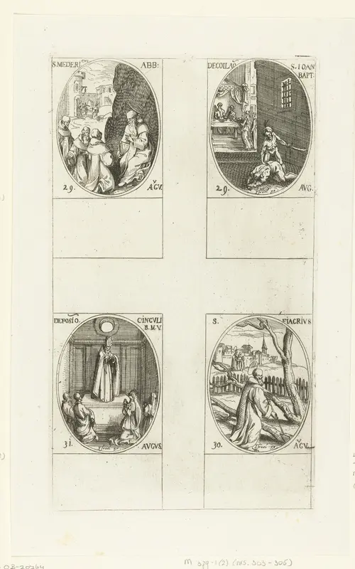 Heilige Medericus van Autun, Heilige Johannes de Doper, Heilige Fiacrius van Brie, Gordel van Maria (29-31 augustus) Wall Art by Jacques Callot - High-Resolution Digital Print