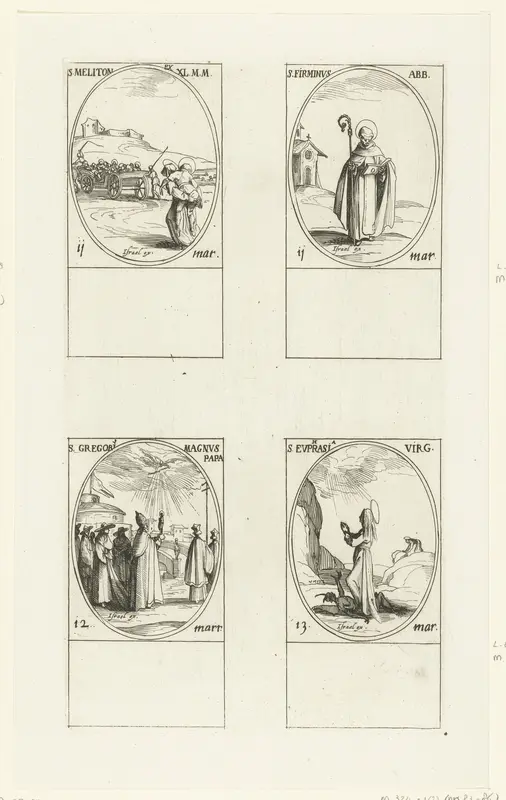 Heilige Meliton, Heilige Firminus, Heilige Gregorius I de Grote, Heilige Euphrasia van Constantinopel (11-13 maart) Wall Art by Jacques Callot - High-Resolution Digital Print