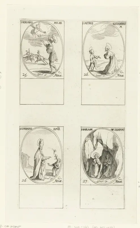 Heilige Mercurius van Cappadocië, Heilige Petrus van Alexandrië, Heilige Conradus van Konstanz, Heilige Barlaam en Heilige Josaphat van Indië (25-27 november) Wall Art by Jacques Callot - High-Resolution Digital Print