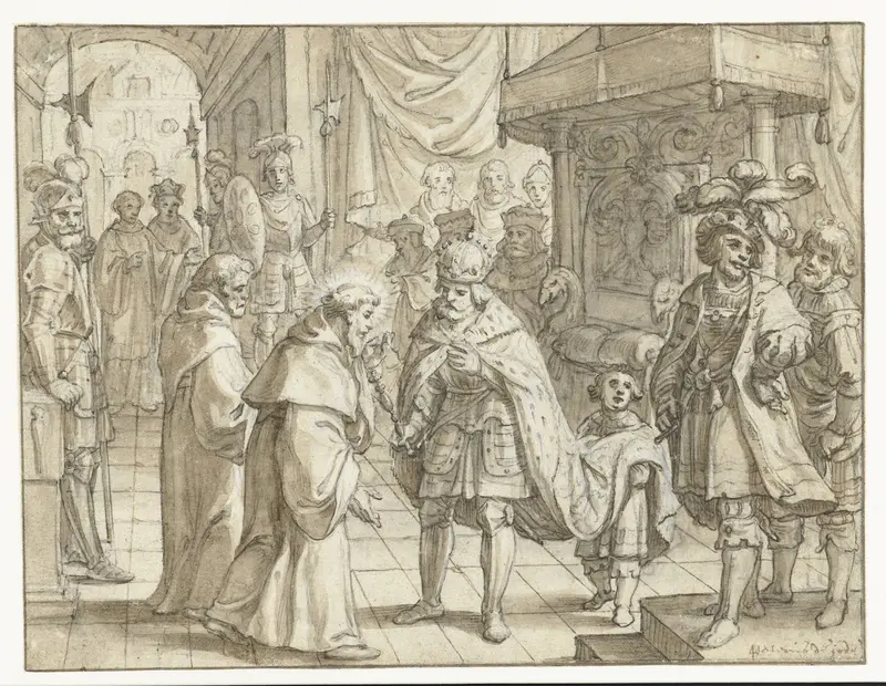 Heilige monnik op audiëntie bij een Duitse keizer Wall Art by Pieter de Jode (I) - High-Resolution Digital Print
